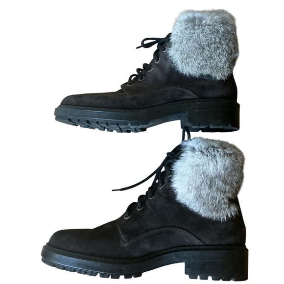 Aquatalia Lacy Suede Lace Up Combat Ankle Boots Dark Brown Rabbit Fur Trim 8.5
